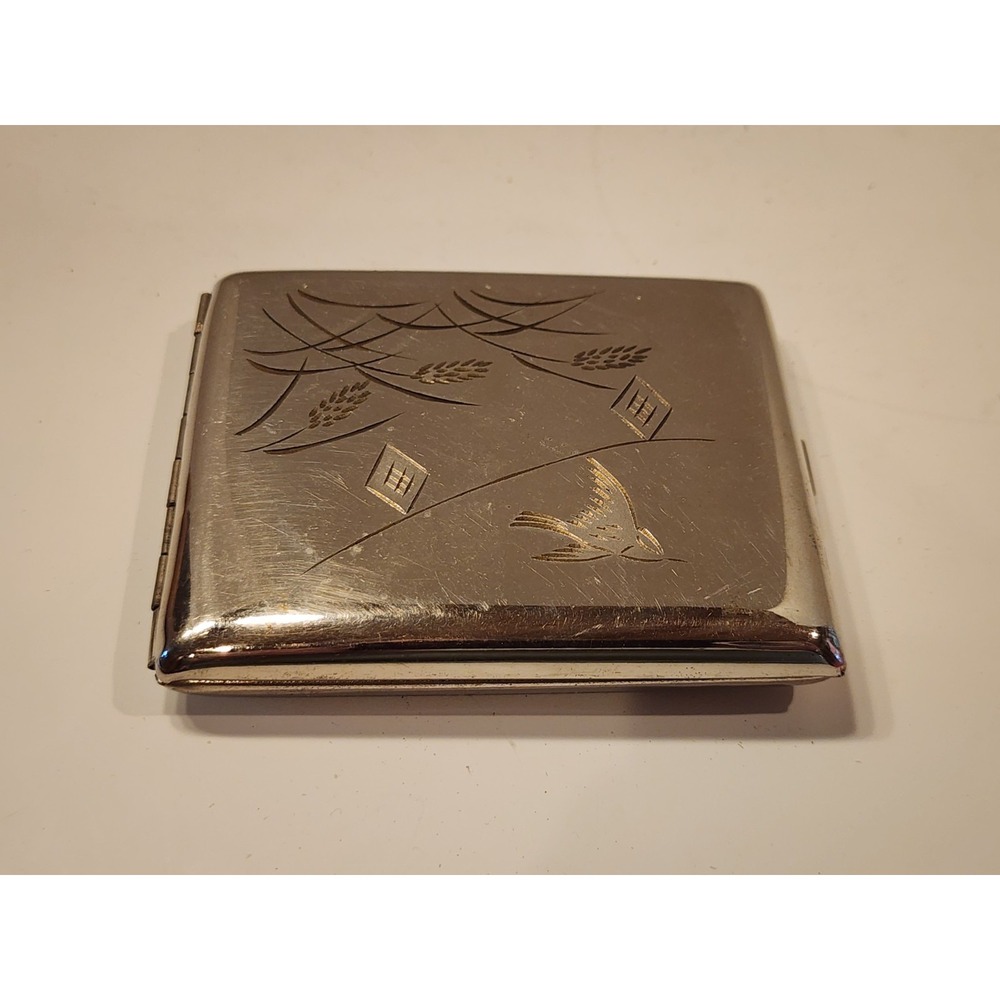 Vtg 1950s Silver Tone Etched Ladies Women Cigarette Case Swallow Bird Wheat